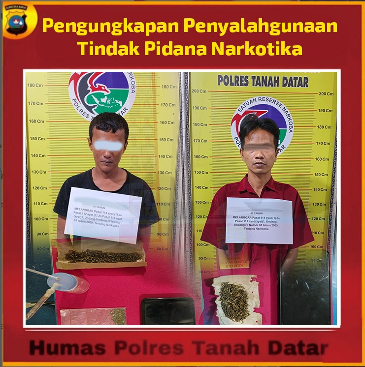 Di hari yang sama, Tim Tarantula Sat Res Narkoba Polres Tanah Datar berhasil amankan 2 (Dua) orang Laki-laki yang diduga pelaku Tindak Pidana Penyalahgunaan Narkotika